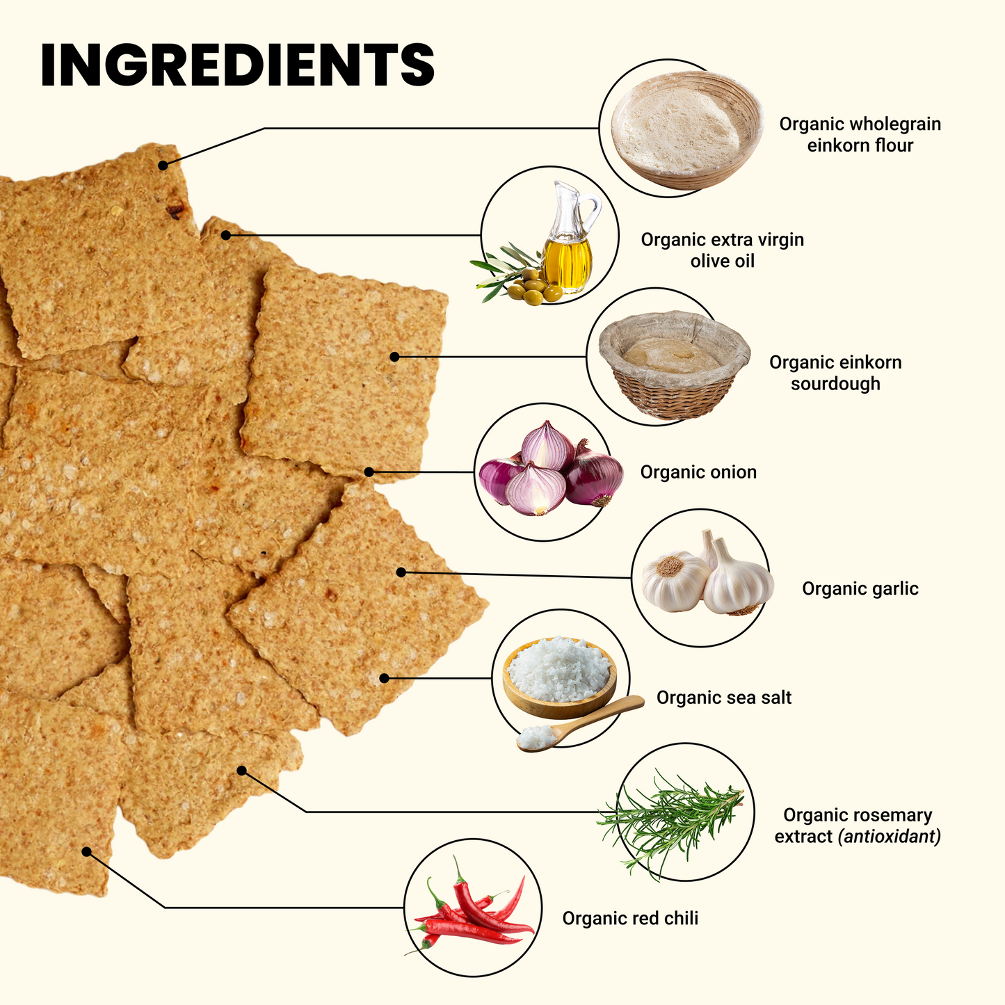 Ingredients list for Roasted Garlic & Chili Crackers