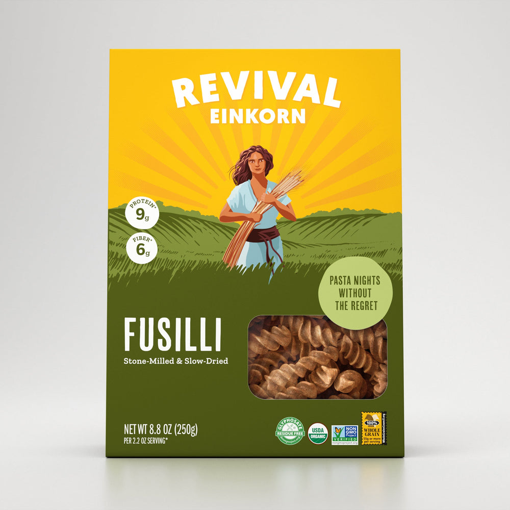 Front view of Organic Einkorn Fusilli packaging