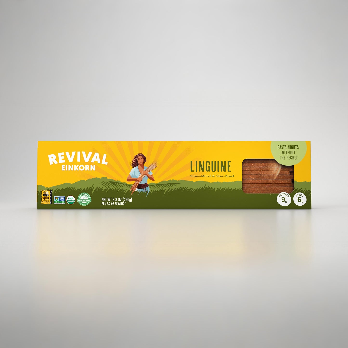 Front view of Organic Einkorn Linguine packaging