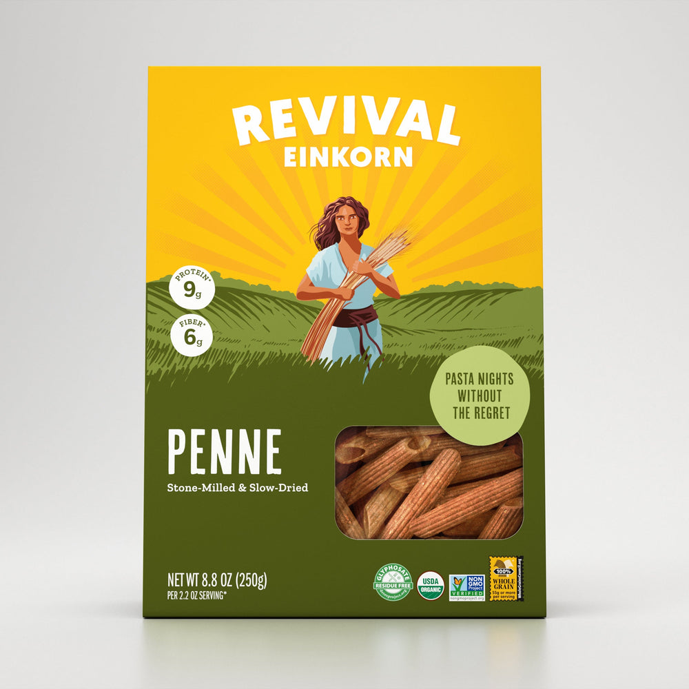 Front view of Organic Einkorn Penne packaging