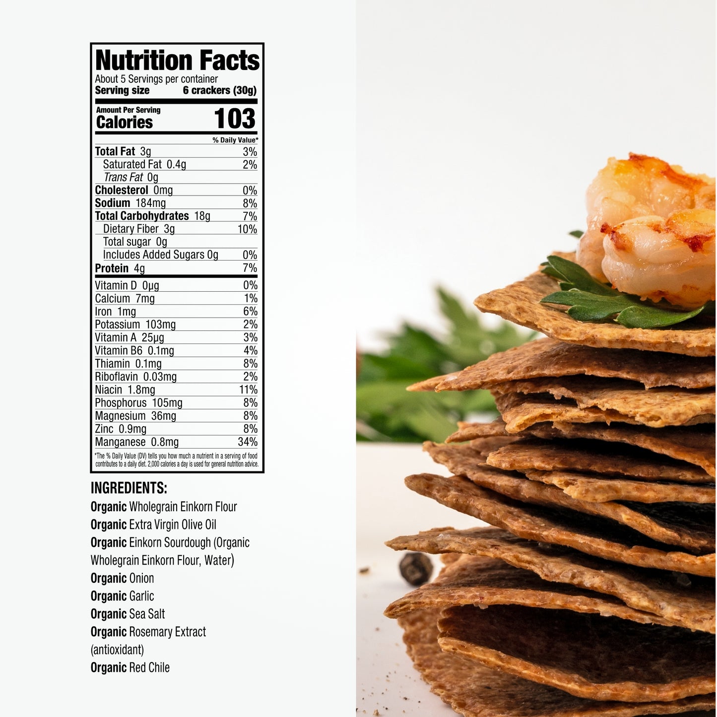 
                  
                    Nutrition facts for Revival Einkorn crackers and a gourmet stack with garnish
                  
                