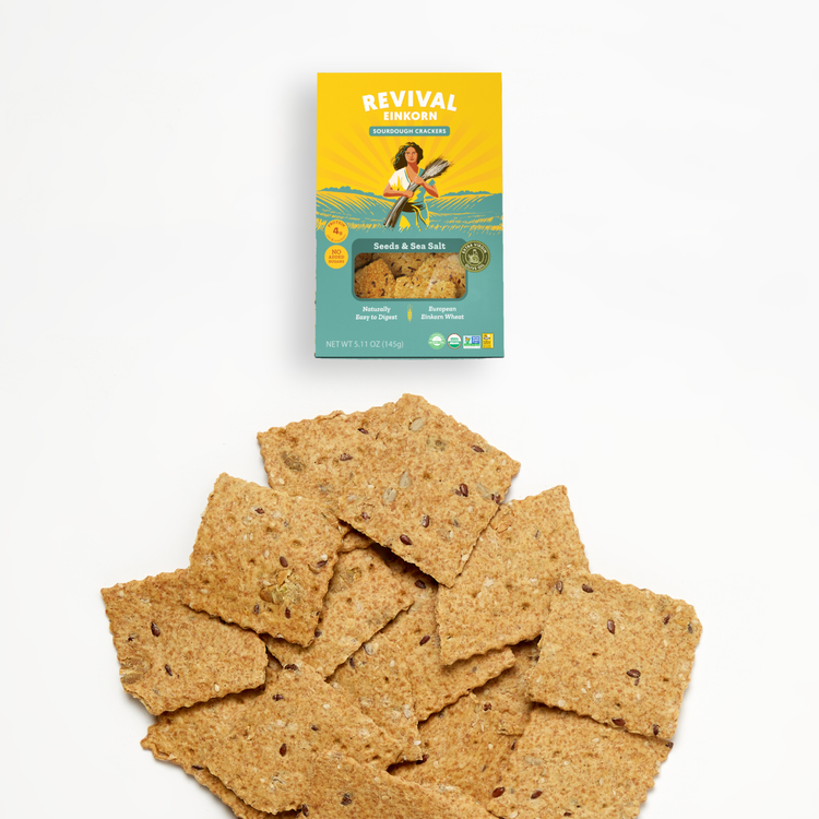 Seeds & Sea Salt Crackers packaging with several sample crackers